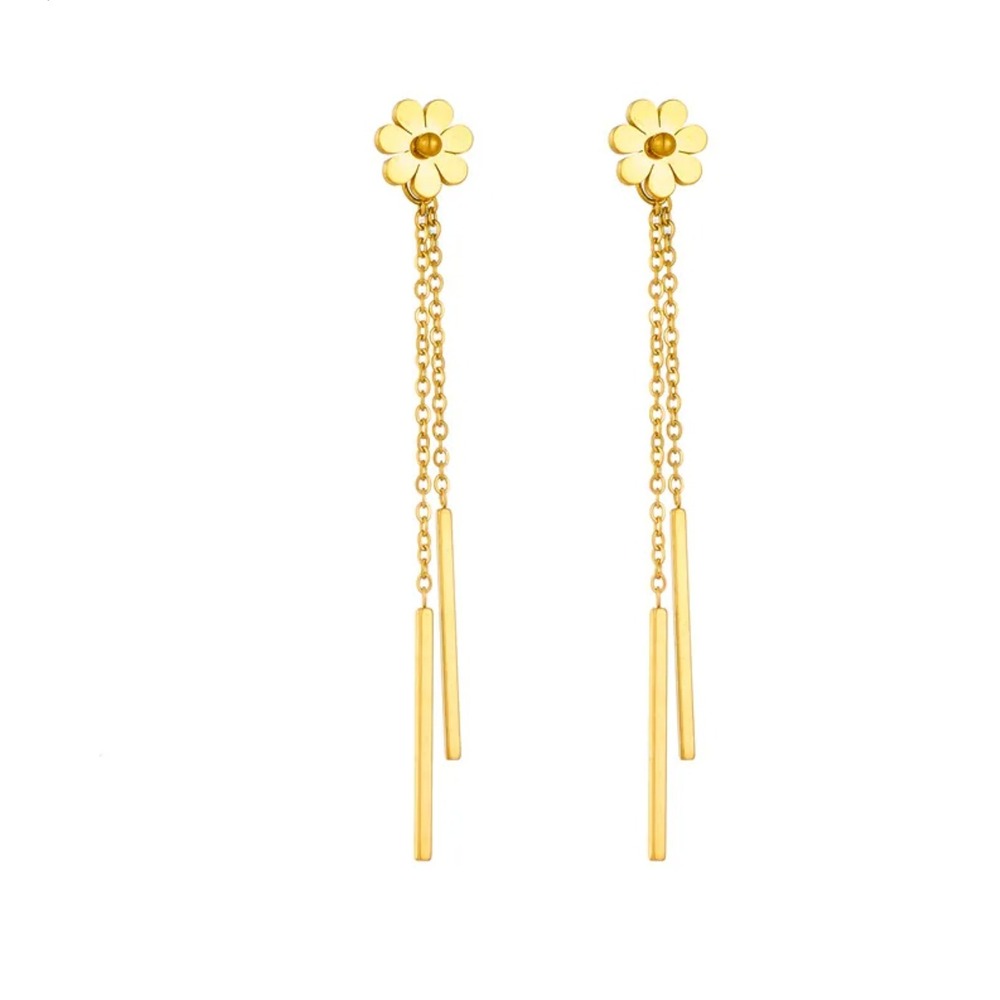 Gold Stainless Steel Daisy Flower Long Chain Tassel Bar Drop Earrings Womens